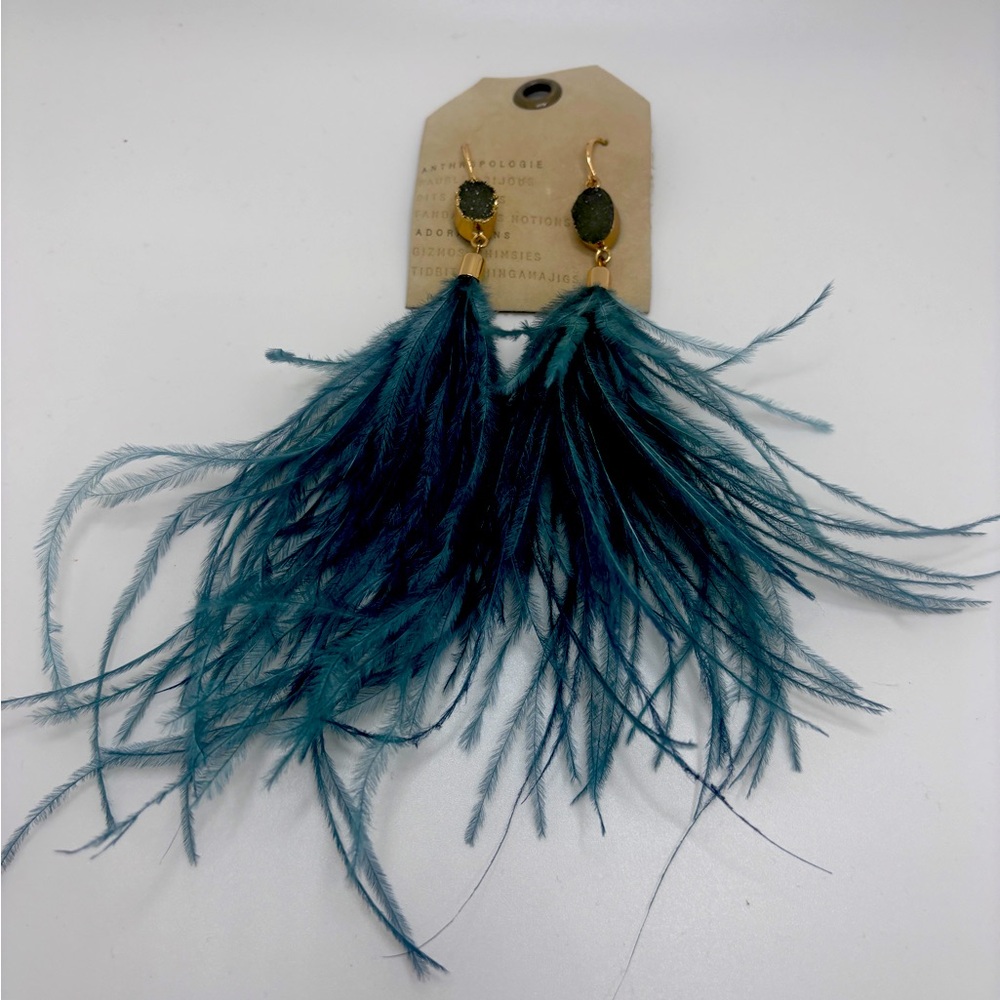 Anthropologie Teal Feather Earrings NEW